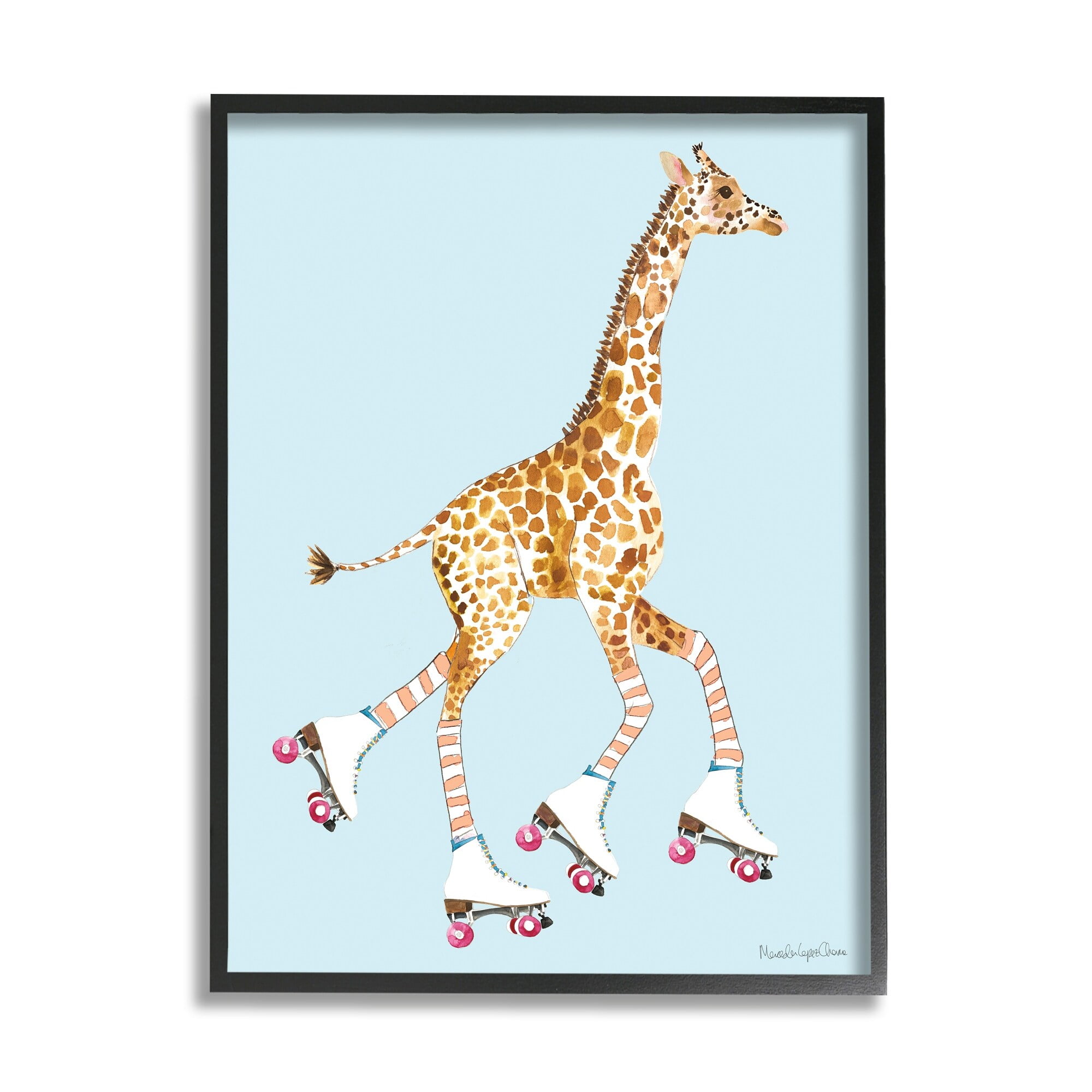 Funky Giraffe Roller Skates Pink Wheels Striped Socks 24 in x 30 in Framed Painting Art Print, by Stupell Home Décor