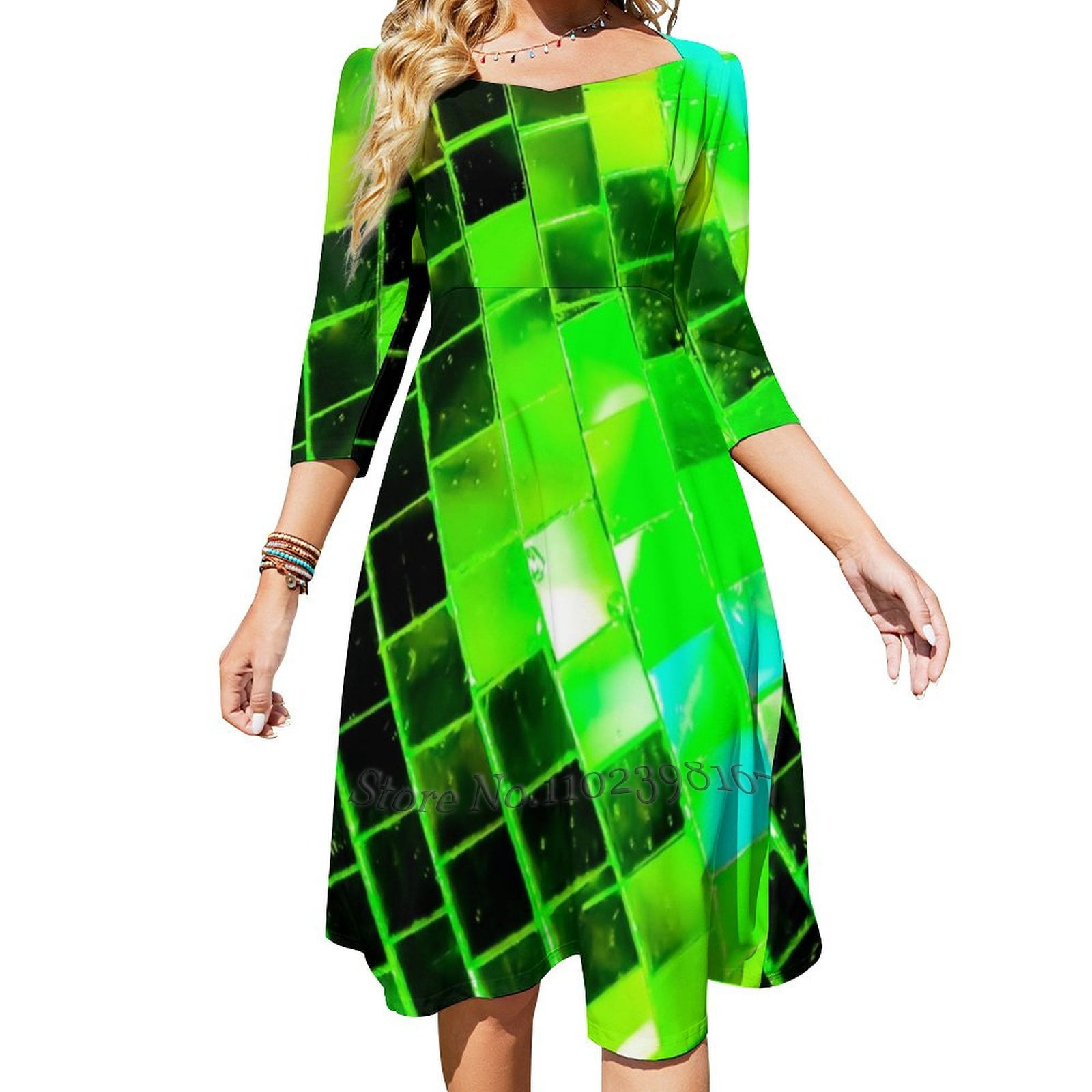 Funky Green Disco Ball Square Neck Dress Cute Loose Print Dresses