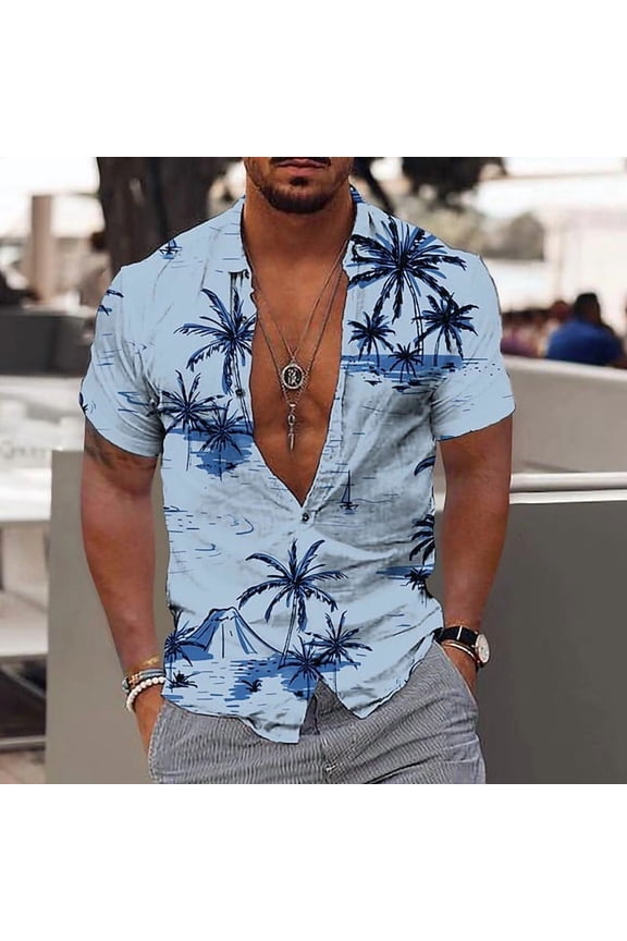Funky Hawaiian Shirt for Men Palm Beach Shirts Tropical Vacation Clothes Floral Button Down Shirts Tropical Holiday Beach Shirts Blue L
