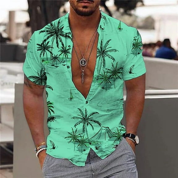 Funky Hawaiian Shirt for Men Palm Beach Shirts Tropical Vacation Clothes Floral Button Down Shirts Tropical Holiday Beach Shirts Green XXL