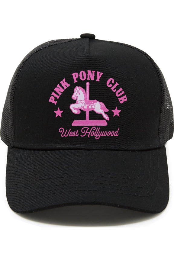 5-Panel Structured Mesh Trucker Hat for Men, Adjustable Snapback Baseball Cap - Pink Pony Club - Black