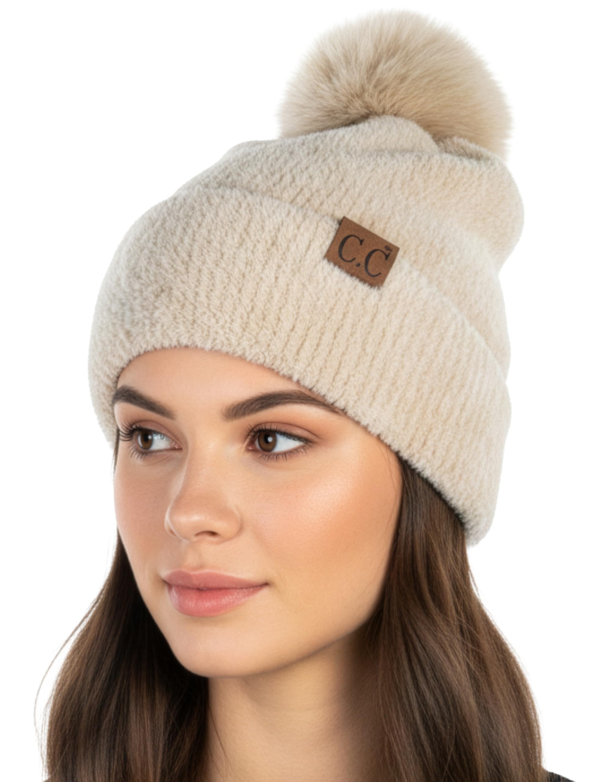 Funky Junque Beanie for Women Ultra Soft Chenille Faux Fur Pom Pom Winter Hats Warm Ski Cap Fashion - Beige