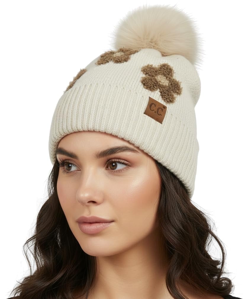 Funky Junque Beanie for Women Ultra Soft Chenille Faux Fur Pom Pom Winter Hats Warm Ski Cap Fashion - Daisy - Beige