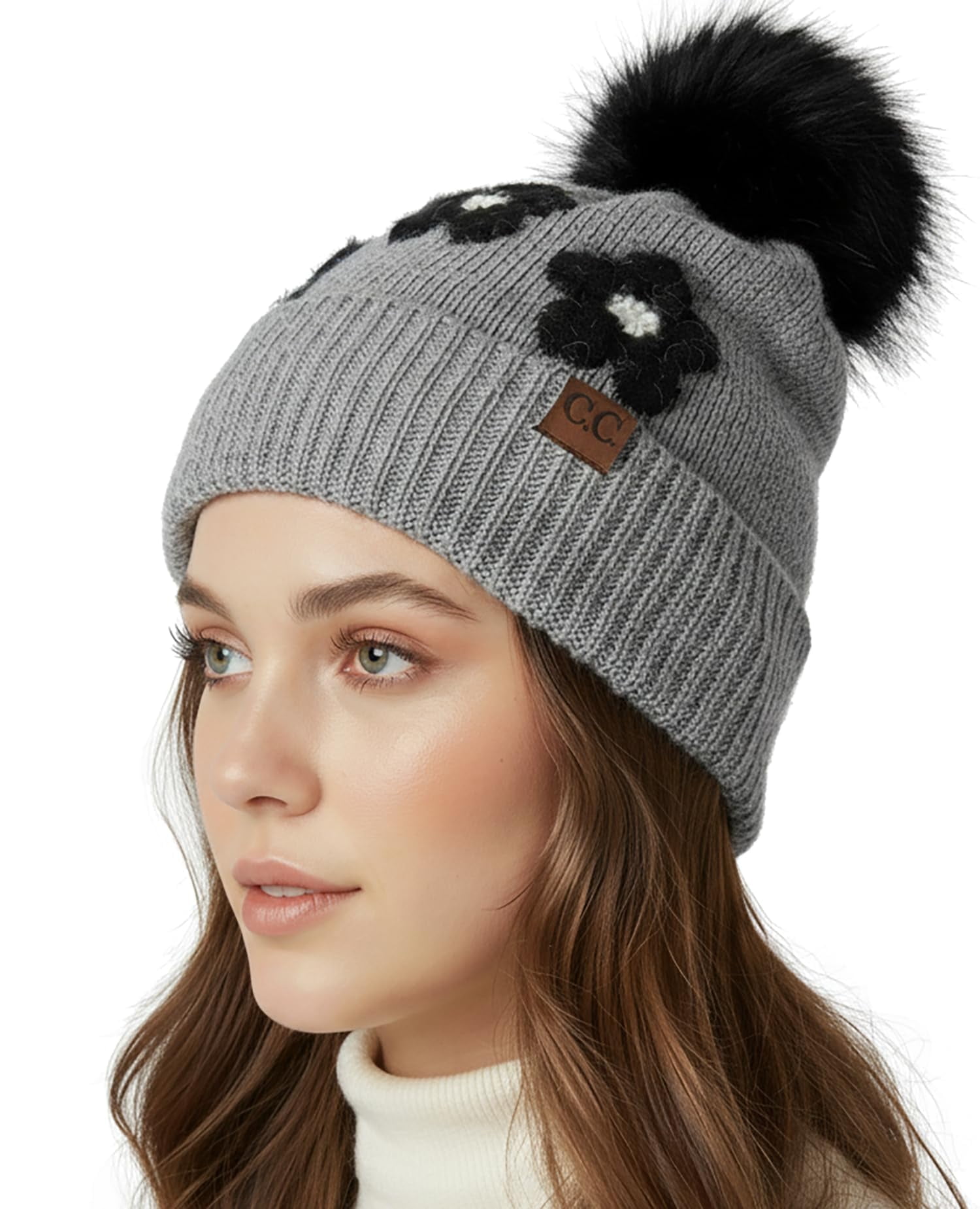 Funky Junque Beanie for Women Ultra Soft Chenille Faux Fur Pom Pom Winter Hats Warm Ski Cap Fashion - Daisy - Grey