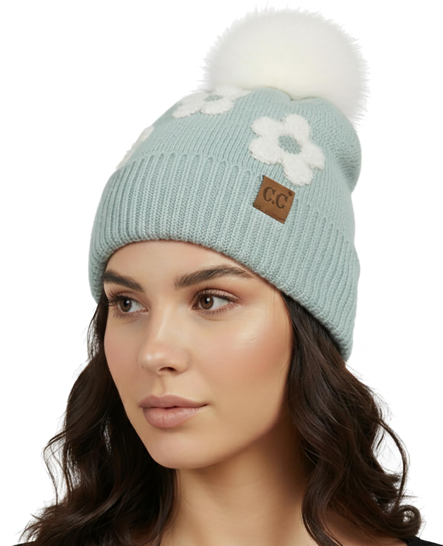 Funky Junque Beanie for Women Ultra Soft Chenille Faux Fur Pom Pom Winter Hats Warm Ski Cap Fashion - Daisy - Mint