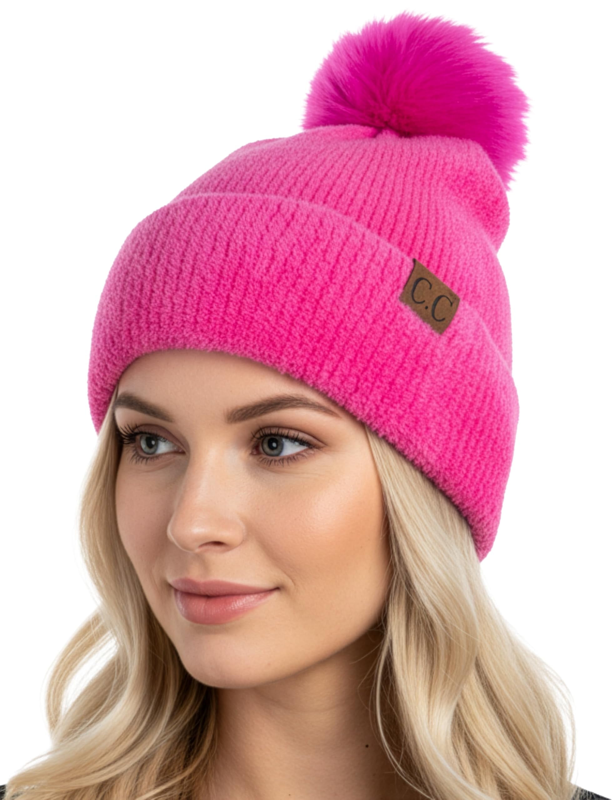 Funky Junque Beanie for Women Ultra Soft Chenille Faux Fur Pom Pom Winter Hats Warm Ski Cap Fashion - Hot Pink