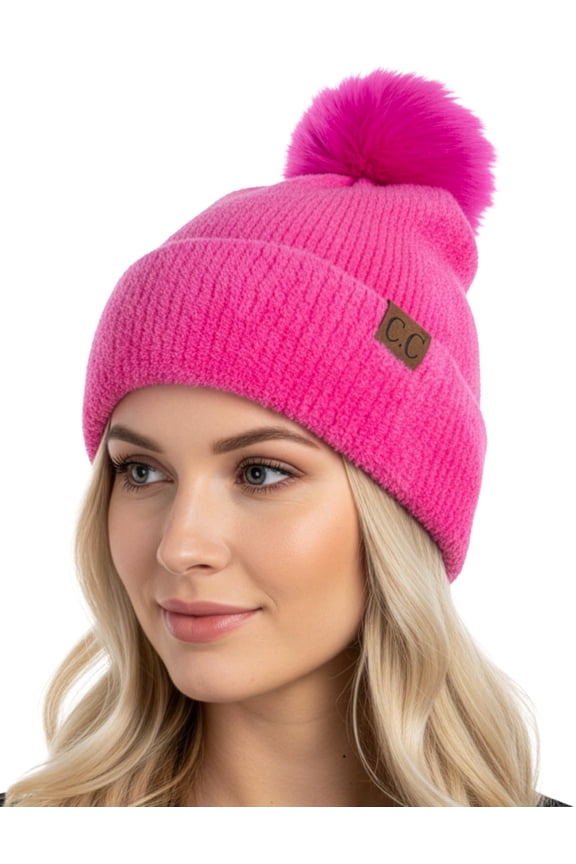 Beanie for Women Ultra Soft Chenille Faux Fur Pom Pom Winter Hats Warm Ski Cap Fashion - Hot Pink