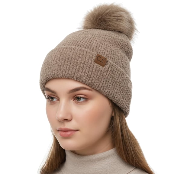 Funky Junque Beanie for Women Ultra Soft Chenille Faux Fur Pom Pom Winter Hats Warm Ski Cap Fashion - Terry Chenille - Taupe