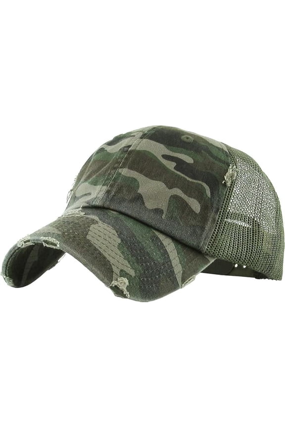Camo Distressed Trucker Hat – Adjustable Mesh Back Baseball Cap for Women & Men - Camo/Green Mesh