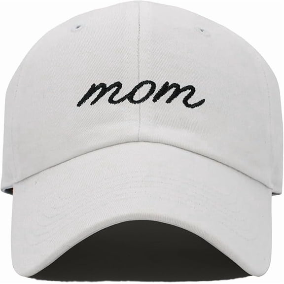 Funky Junque Classic Low Profile Cotton Baseball Cap – Adjustable Dad Hat with Fun Sayings for Mother's Day: Mom - White