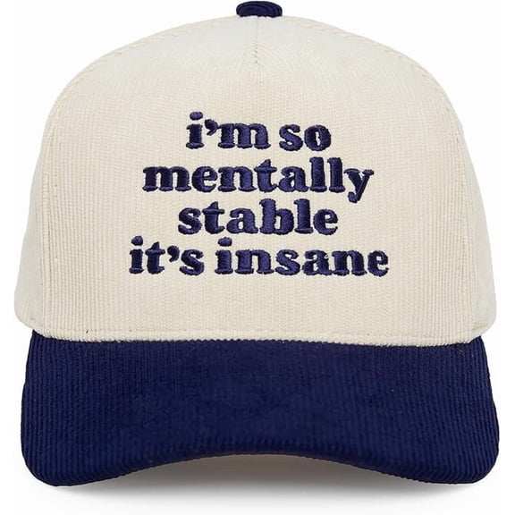 Funky Junque Corduroy Trucker Hat – Vintage Two-Tone Adjustable Snapback Baseball Cap - I'm So Mentally Stable It's Insane - Navy/Beige