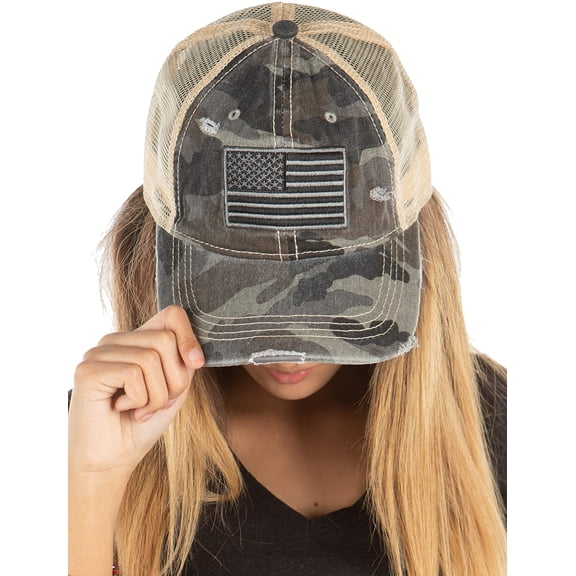 Funky Junque Cute Camo Women's Mesh Distressed Trucker Dad Hat Adjustable Unstructured Low Profile Cap - Black Camo W/Flag