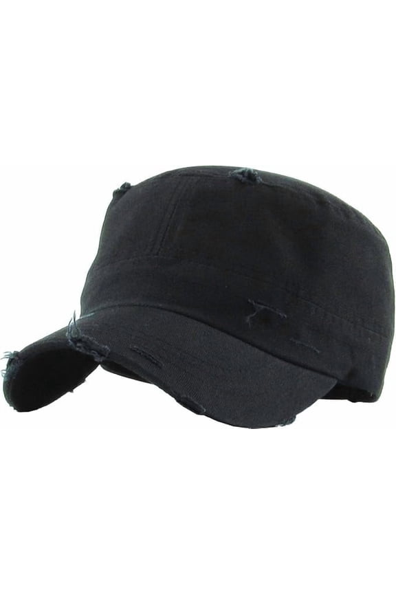 Distressed Military Cadet Cap – Vintage Army Style Adjustable Hat for Women & Men - Black