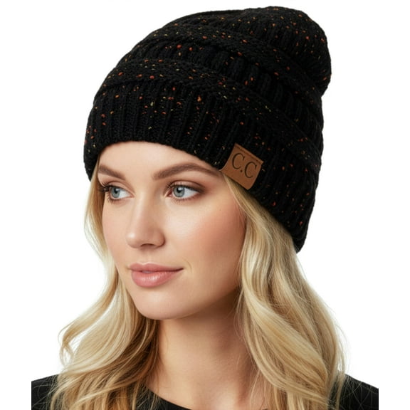Funky Junque Exclusives Warm Winter Skull Cap Beanie – Slouchy Knit Hat for Women, Soft Cozy Unisex Mens Beanies, Perfect for Cold Weather Wear - Black - Confetti