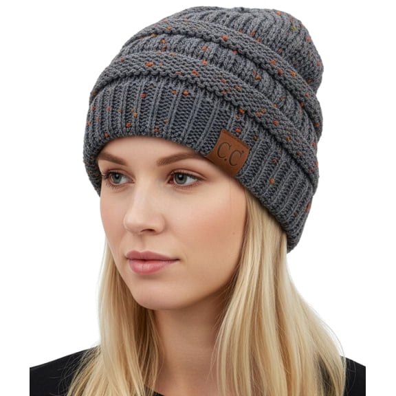 Funky Junque Exclusives Warm Winter Skull Cap Beanie – Slouchy Knit Hat for Women, Soft Cozy Unisex Mens Beanies, Perfect for Cold Weather Wear - Charcoal - Confetti