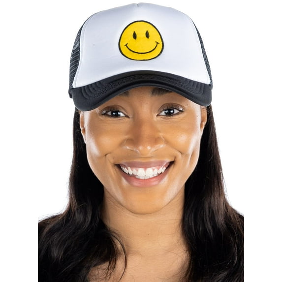 Funky Junque Foam Snapback Trucker Hat - Black & White Hat/Yellow Smiley