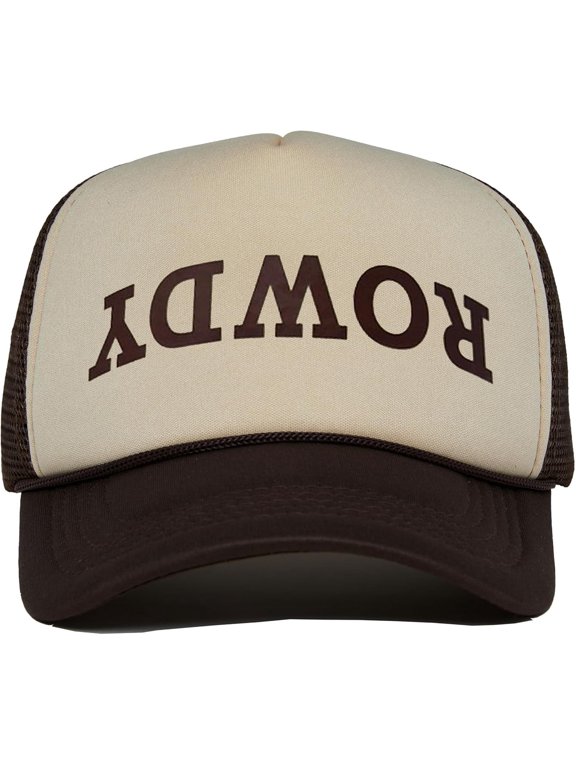 Foam Trucker Hat – Funny Mesh Back Baseball Cap for Men & Women, Cowboy Chic Party Hat, Trendy Womens Trucker Hats - Rowdy (Upside Down) - Brown/Beige