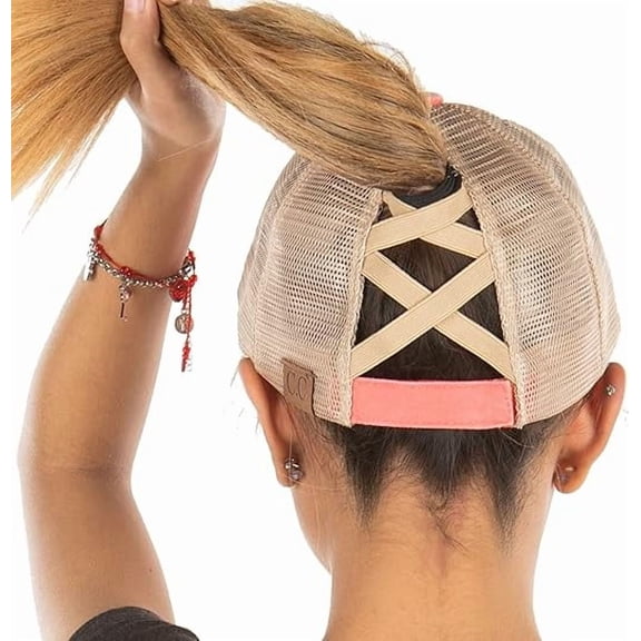 Funky Junque Funny Ponytail Hat for Women, Criss Cross Messy Bun Ball Cap Adjustable Distressed - Beige Mesh - Coral (Distressed)