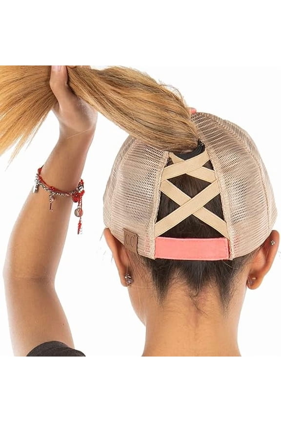 Funny Ponytail Hat for Women, Criss Cross Messy Bun Ball Cap Adjustable Distressed - Beige Mesh - Coral (Distressed)