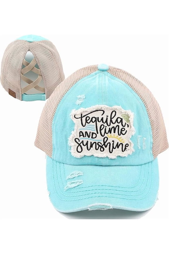 Funny Ponytail Hat for Women, Criss Cross Messy Bun Ball Cap Adjustable Distressed - Tequila, Lime, and Sunshine - Mint