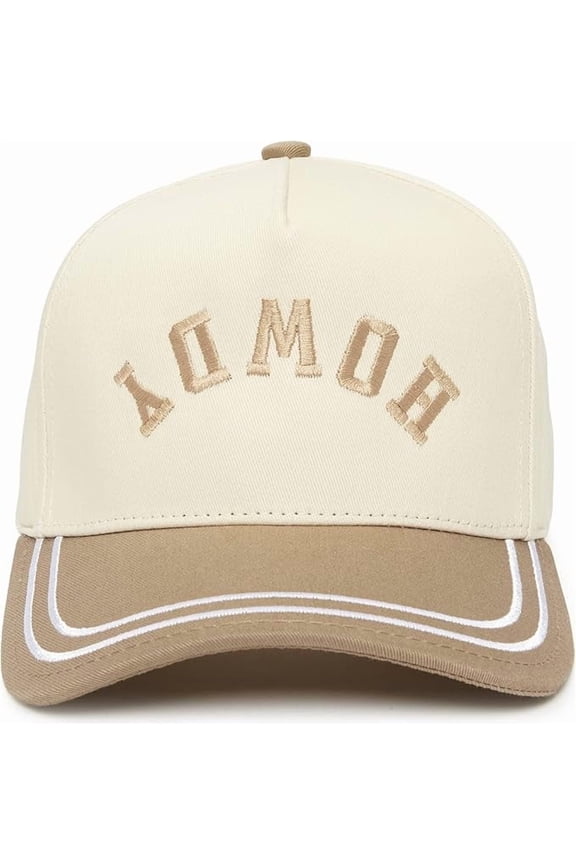Funny Trucker Hats for Women and Men- Two-Tone Retro Snapback, 100% Cotton with Embroidered Brim - Howdy (Upside Down) - Khaki/Beige