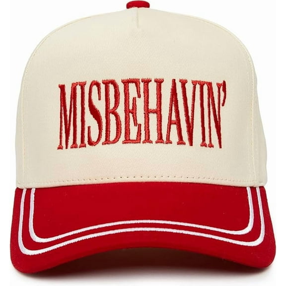 Funky Junque Funny Trucker Hats for Women and Men- Two-Tone Retro Snapback, 100% Cotton with Embroidered Brim - Miss Behavin - Red/Beige