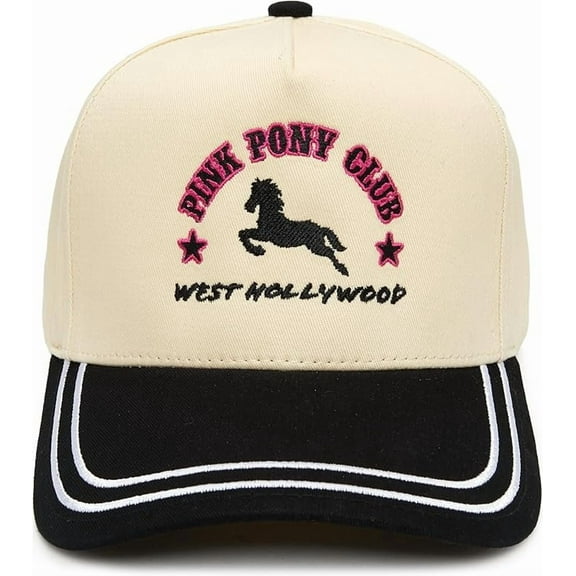 Funky Junque Funny Trucker Hats for Women and Men- Two-Tone Retro Snapback, 100% Cotton with Embroidered Brim - Pink Pony Club - Black/Beige