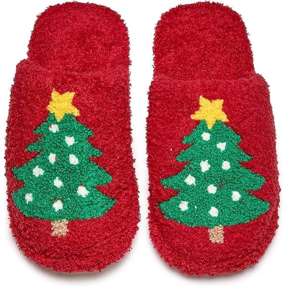 Funky Junque Fuzzy House Slippers Cozy Indoor Outdoor Fluffy Clog Slippers, Soft Furry Bedroom Shoes for Women - Christmas Tree (Red) (Small/Medium; US Size 6-8)