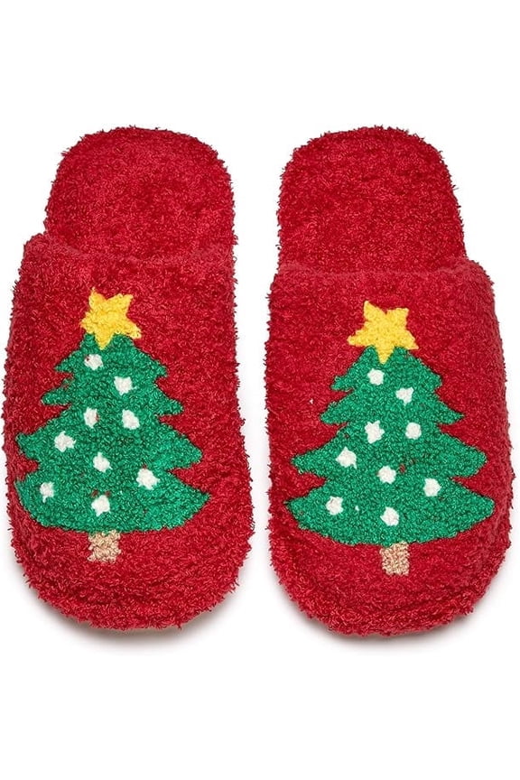 Fuzzy House Slippers Cozy Indoor Outdoor Fluffy Clog Slippers, Soft Furry Bedroom Shoes for Women - Christmas Tree (Red) (Small/Medium; US Size 6-8)