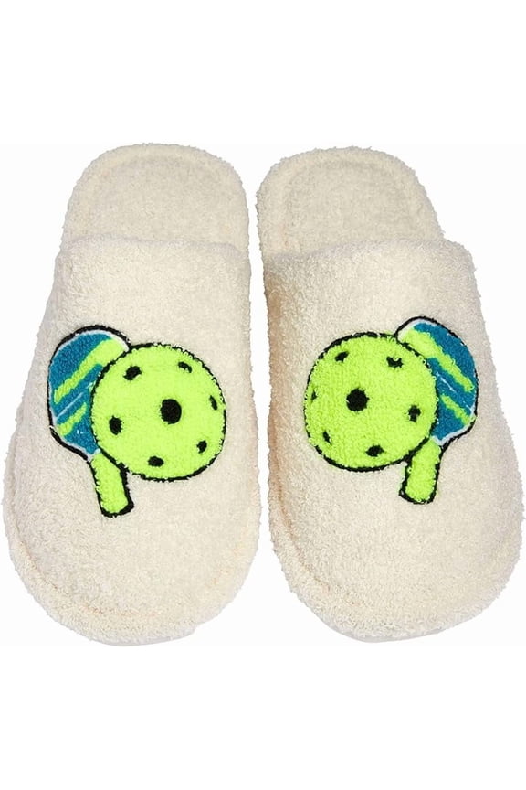Fuzzy House Slippers Cozy Indoor Outdoor Fluffy Clog Slippers, Soft Furry Bedroom Shoes for Women - Pickleball (Ivory) (Medium/Large; US Size 8-10)