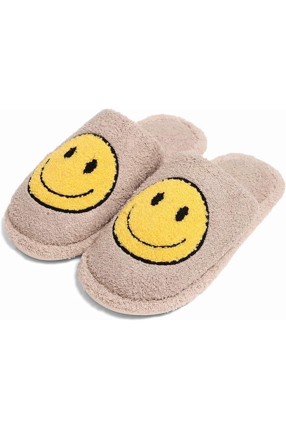 Fuzzy House Slippers Cozy Indoor Outdoor Fluffy Clog Slippers, Soft Furry Bedroom Shoes for Women - Smiley Face Beige (Small/Medium; US Size 6-8)