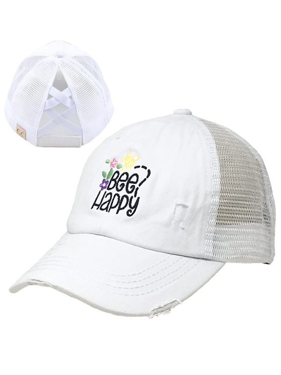Girls Baseball Hat - Bee Happy - White