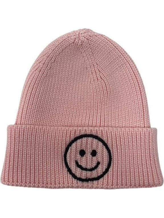 Infant Baby Smiley Face Beanie (No Pom) - Light Pink