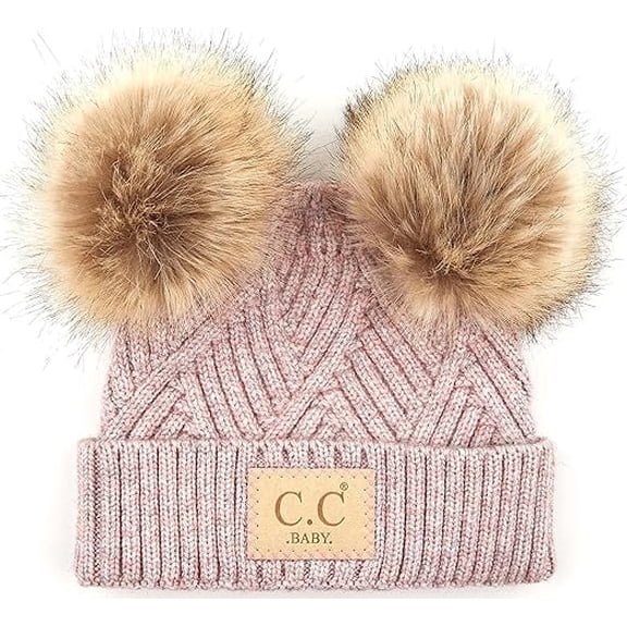 Funky Junque Infant Pom Beanie - Diagonal Basketweave Pattern - Rose (Double Pom)