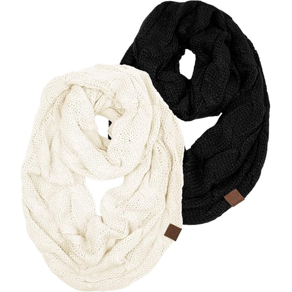Funky Junque Infinity Scarf for Women - Oversized Wrap, Chunky Layer, Colorful Sweater Accessory, Winter Styles, Fall Fashion, Cozy Cold-Weather Essentials - 2 Pack - Black & Ivory