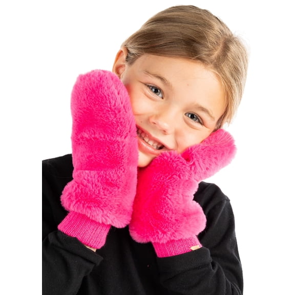 Funky Junque Kids Soft Faux Fur Mittens Convertible Sherpa Lined Fingerless Mitten Gloves for Girls Boys Winter Fall - Fuchsia