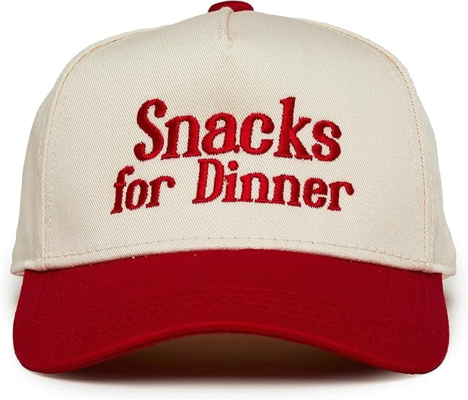 Funky Junque Kids Trucker Hat Baseball Cap - Two Tone Vintage Baby Baseball Cap, Infant Baseball Hat, Toddler Snapback Hat - Snacks for Dinner - Red/Beige