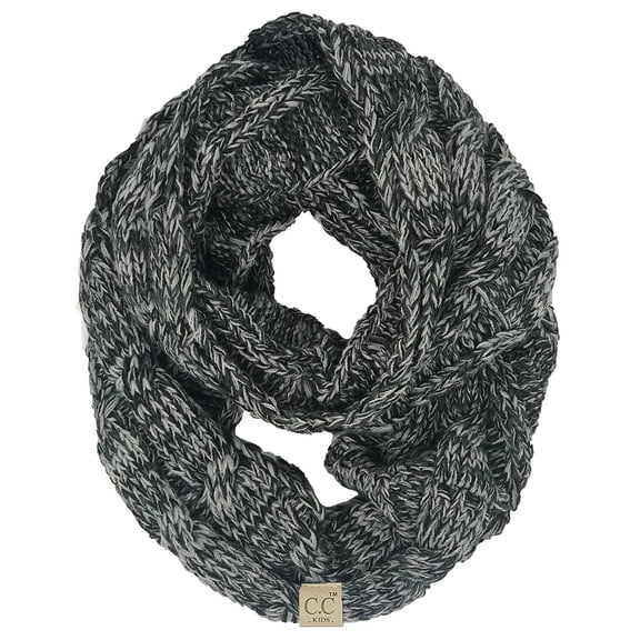 Funky Junque Kids Winter Infinity Scarf – Toddler & Baby Neck Warmer for Ages 1–6, Soft Acrylic Girls Scarf, Cozy Accessory - 4 Tone Mix #31 - Black, Dark Melange Grey, Heather Grey, Beige