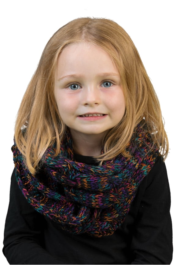 Kids Winter Infinity Scarf – Toddler & Baby Neck Warmer for Ages 1–6, Soft Acrylic Girls Scarf, Cozy Cold Weather Accessory - 4 Tone Mix #32 - Black, Purple, Orange, Teal