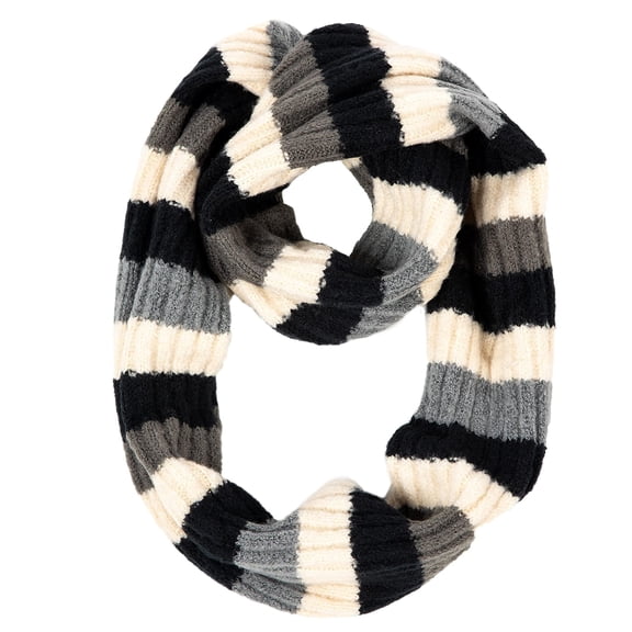 Funky Junque Kids Winter Infinity Scarf – Toddler & Baby Neck Warmer for Ages 1–6, Soft Acrylic Girls Scarf, Cozy Cold Weather Accessory - Multi Color Stripes - Black
