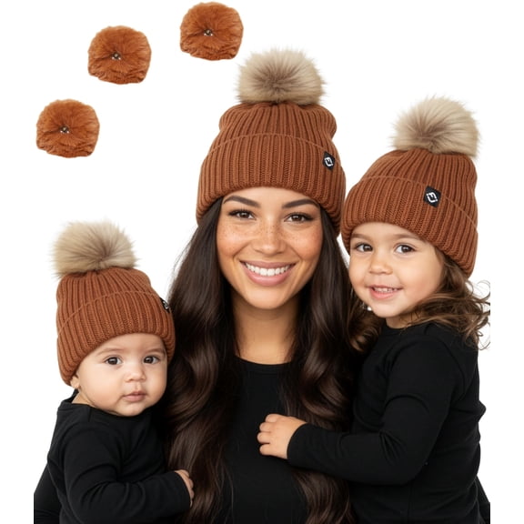 Funky Junque Matching Adult/Toddler/Infant Detachable Pom Beanie Set - Rust (3 Pack)