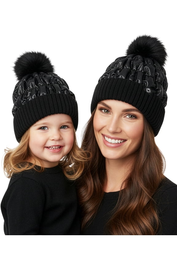 Matching Adult/Toddler Puffer Faux Fur Pom Beanie Set -Black (2 Pack)