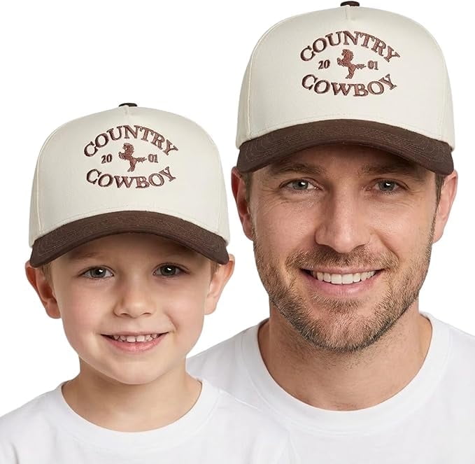 Funky Junque Matching Family Trucker Hat Set - Vintage Two-Tone Daddy & Me, Mommy & Me Snapback Baseball Caps - Country Cowboy - Brown/Beige - Adult/Infant (0-12 Months)