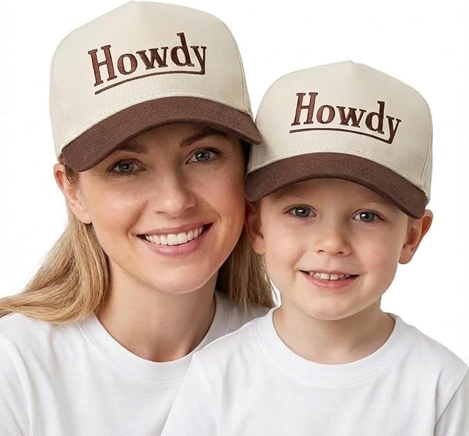 Funky Junque Matching Family Trucker Hat Set - Vintage Two-Tone Daddy & Me, Mommy & Me Snapback Baseball Caps - Howdy - Brown/Beige - Adult/Kids (2-9 Years)