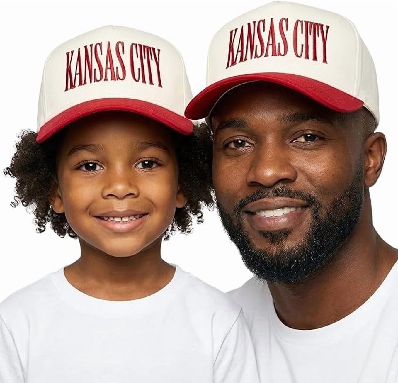 Funky Junque Matching Family Trucker Hat Set - Vintage Two-Tone Daddy & Me, Mommy & Me Snapback Baseball Caps - Kansas City - Red/Beige - Adult/Kids (2-9 Years)
