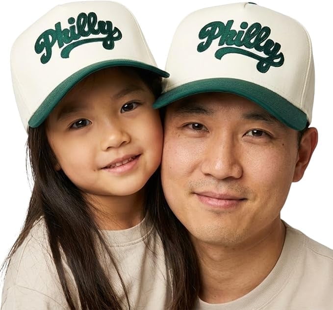 Funky Junque Matching Family Trucker Hat Set - Vintage Two-Tone Daddy & Me, Mommy & Me Snapback Baseball Caps - Philly (Cursive) - Green/Beige - Adult/Infant (0-12 Months)