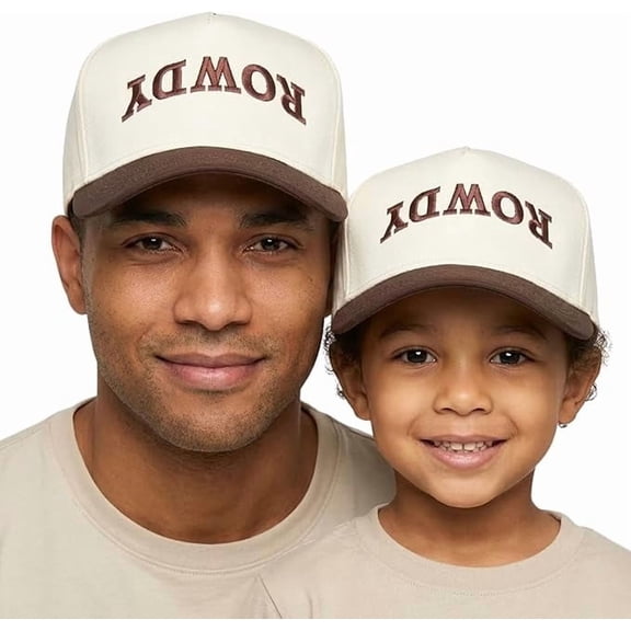 Funky Junque Matching Family Trucker Hat Set - Vintage Two-Tone Daddy & Me, Mommy & Me Snapback Baseball Caps - Rowdy (Upside Down) - Brown/Beige - Adult/Kids (2-9 Years)