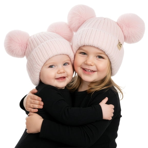 Funky Junque Matching Infant & Toddler Pom Beanies – Winter Knit Hats for Baby Girls & Siblings, Adorable Set (2 Pack) - Chenille Earflap - Light Pink