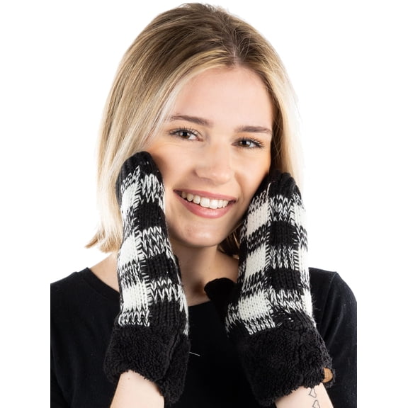 Funky Junque Mittens for Women – Fleece Lined Winter Gloves, Women's Fuzzy Warm Mittens for Cold Weather, Cozy Knit Soft Fashionable Accessories - Black/White - Buffalo Check
