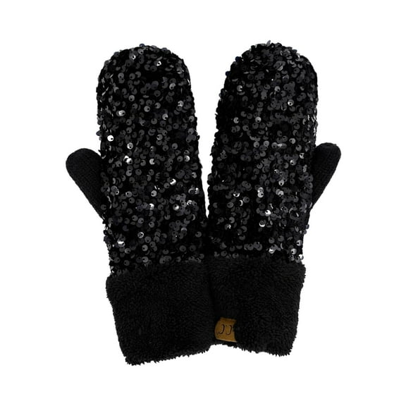 Funky Junque Mittens for Women – Fleece Lined Winter Gloves, Women's Fuzzy Warm Mittens for Cold Weather, Cozy Knit Soft Fashionable Accessories - Chunky Sequin - Black